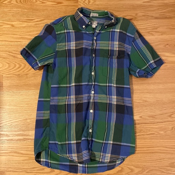 J. Crew madras cotton short sleeve button down shirt green and blue plaid - Picture 2 of 7